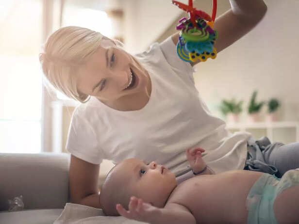 child looking at the toy