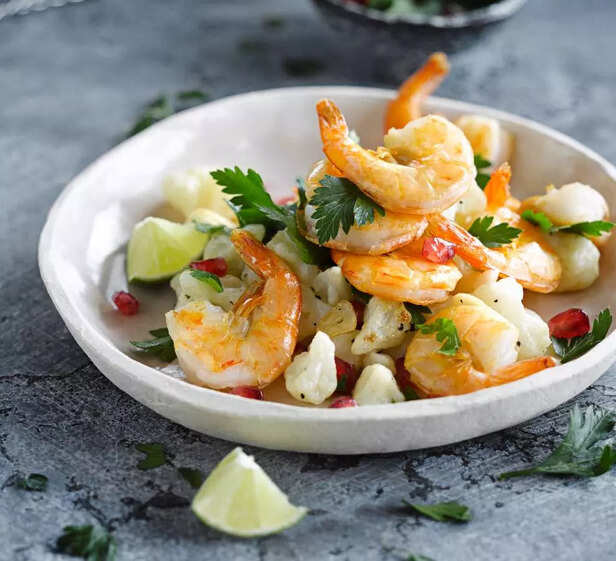 Big roasted tiger prawns. Shrimp salad