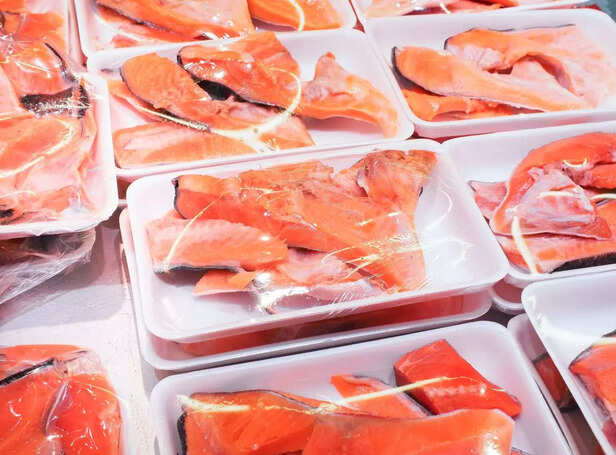 Fresh salmon fillet in packing for sell in supermarket
