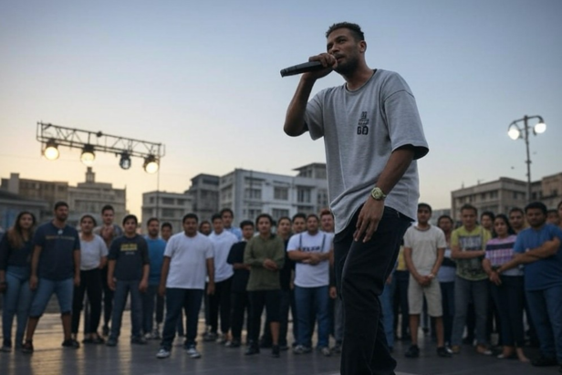 A man rapping at a cypher, AI generated.