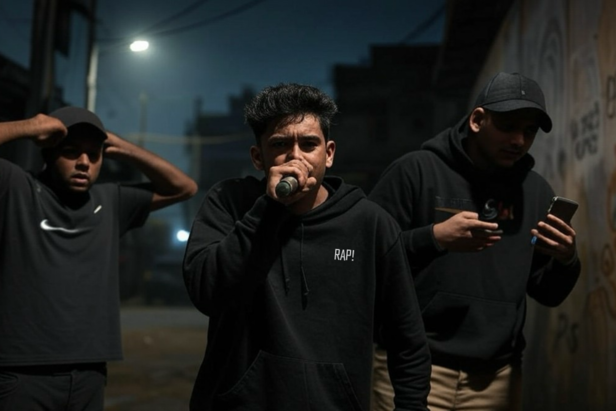 A trio of rappers, AI generated.