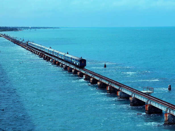 Train on Pamban Bridge