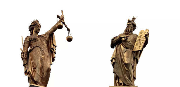 Lady Justice and Moses with the Ten Commandments
