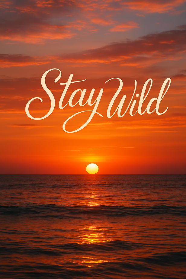 image of a sunset over the ocean with the words ‘Stay Wild’
