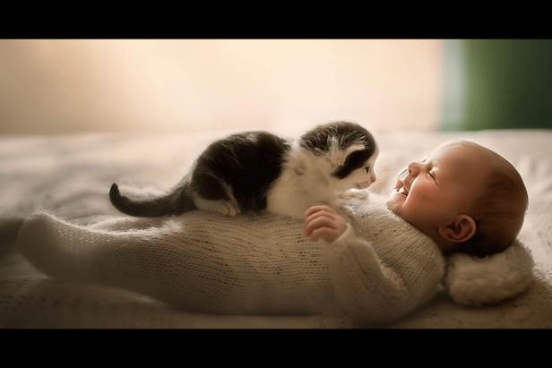 baby with baby cat