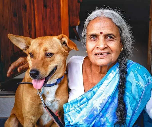 A dog sitting with an old lady