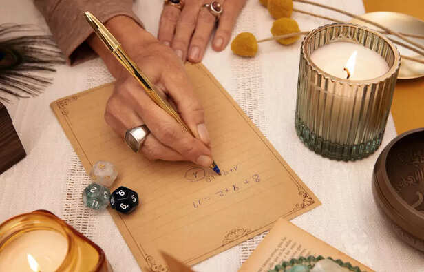 Person Surrounded by open journal &amp; candle