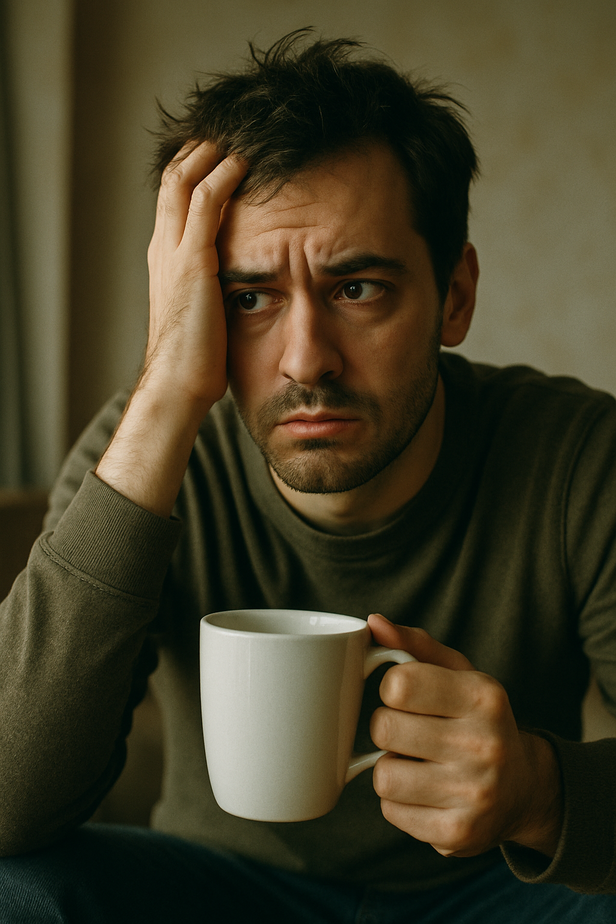 Person looking restless with coffee mug in hand
