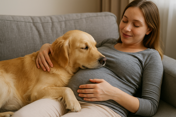Dog laying his head on baby bump
