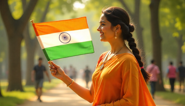 A woman wearing a tricolour saree