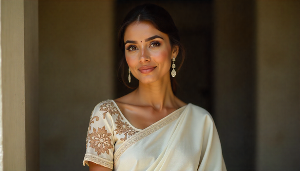 Woman wearing a plain saree with statement blouse