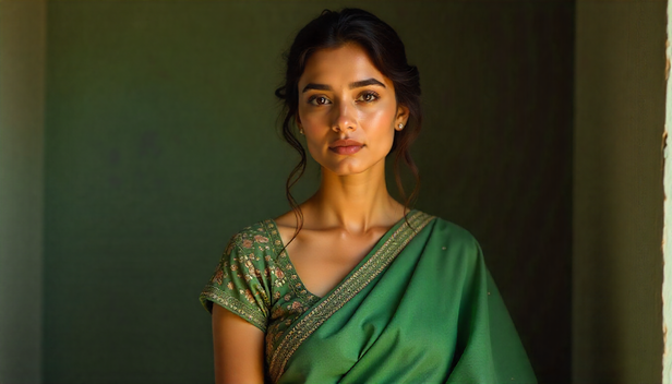 Woman in green linen saree