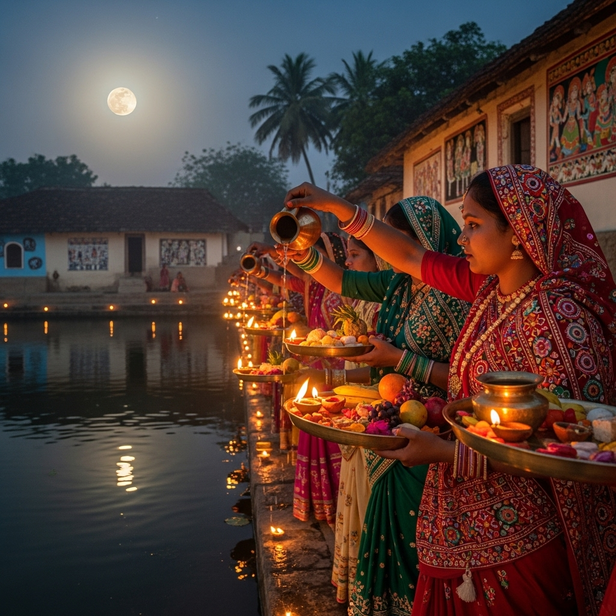 women offering arghya to moon Mithila