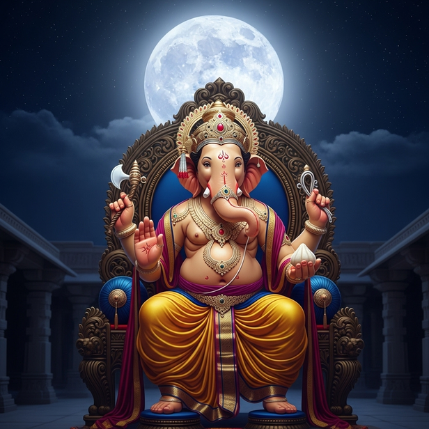 Lord Ganesha with the moon above