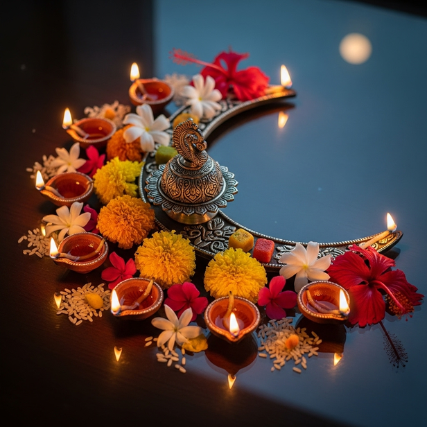 symbolic moon puja diya offerings