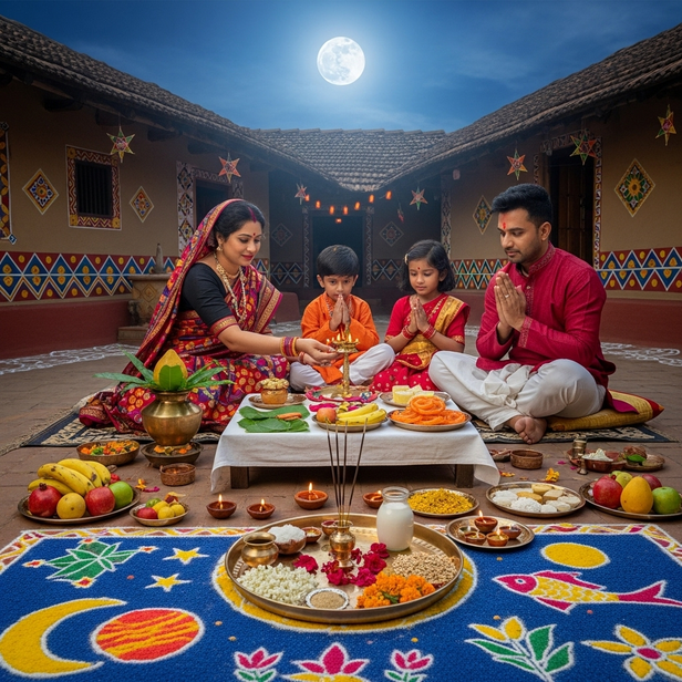 family celebrating moon puja mithila
