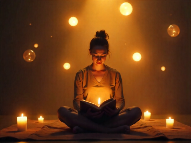 A woman sitting with a journal