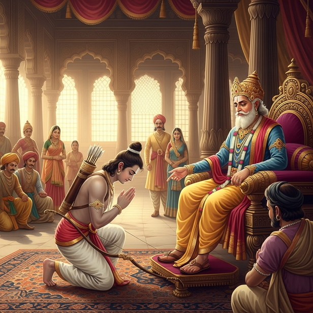 Rama bowing to Dasharatha