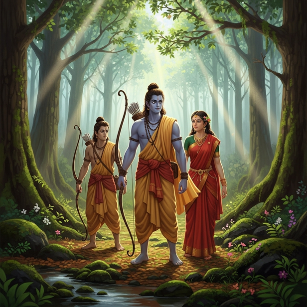 Rama, Sita, and Lakshmana in the forest
