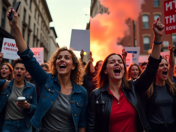Split screen image of cheering and protests