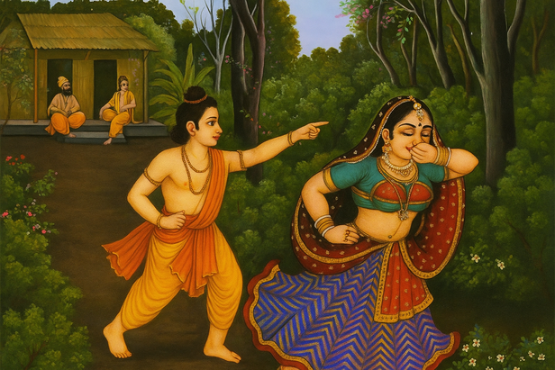 Rama, Sita, Lakshmana and  Shurpanakha