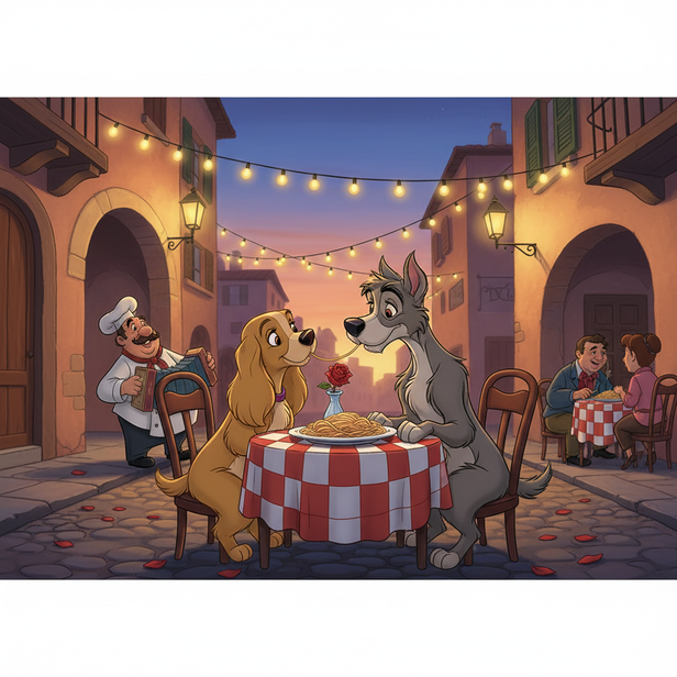 Romantic Disney Dog Dinner in a Cozy Italian Street Setting