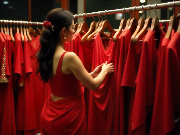 A fashion stylist arranging red sarees