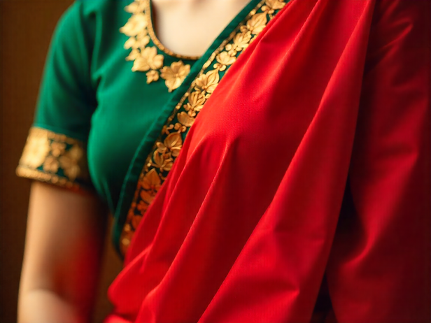 Closeup of a red saree and emerald blouse