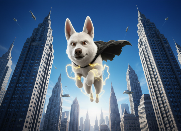 Bolt Takes Flight: Super Dog Soars Over the Cityscape