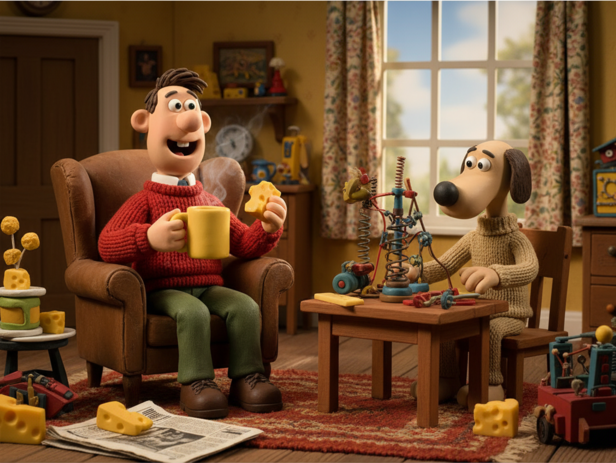 Wallace &amp; Gromit: Cozy Stop-Motion Scene with Tea and Wensleydale