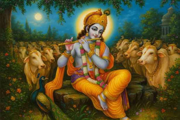 Krishna lifting Govardhan Hill