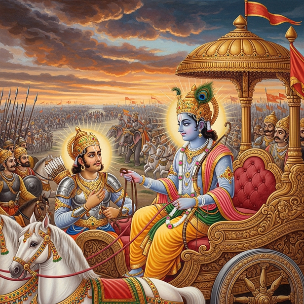 krishna teaching arjuna on battlefield painting
