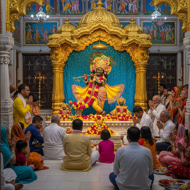 devotees praying krishna temple vrindavan