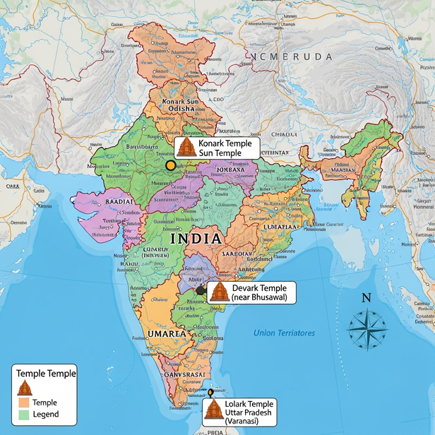 Map of India showing Konark, Devark, and Lolark Temples