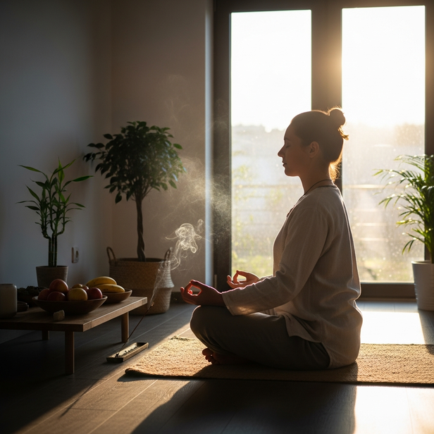 Sattvic lifestyle meditation under morning light