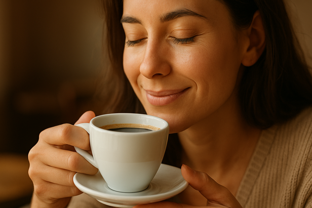 Person smiling while smelling coffee