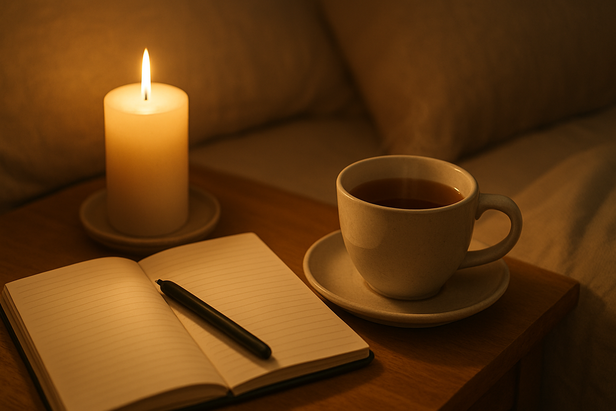 Journal, cup of tea and candle on the table