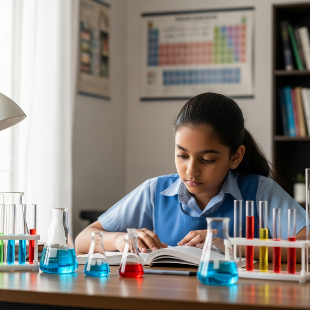 Young Indian girl studying chemistry