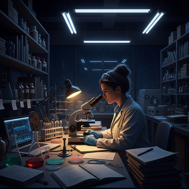 Female scientist working late at night in lab