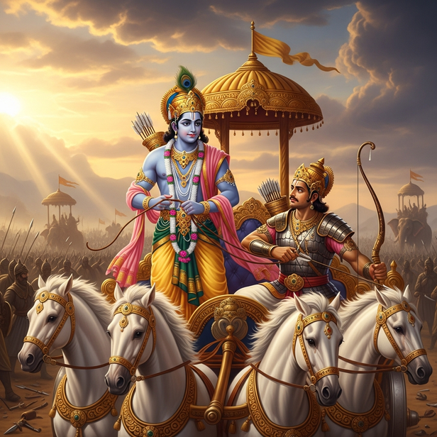 Lord Krishna guiding Arjuna