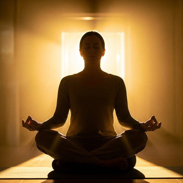 A person meditating in golden light of peace