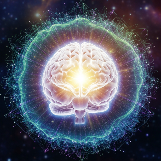 Brain and aura glowing with light of awareness