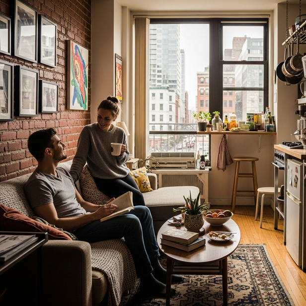 young couple in small apartment urban life