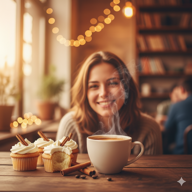 Woman smiling warmly with all the comfort things