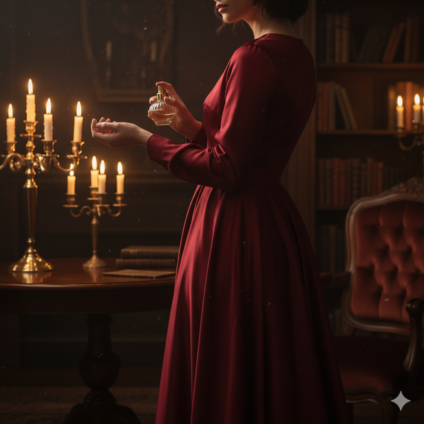 Woman applying perfume in a candle lit room