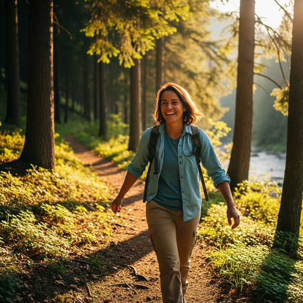 person smiling while walking in nature