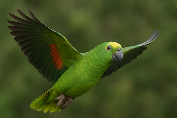 Orange winged Amazon Parrot in Mid flight Action