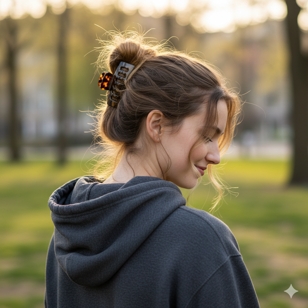 Girl in hoodie and claw clip
