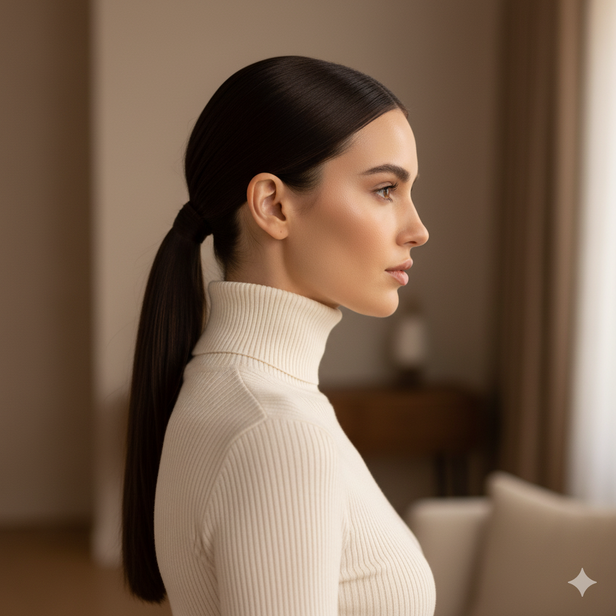 Woman in turtleneck and sleek low ponytail
