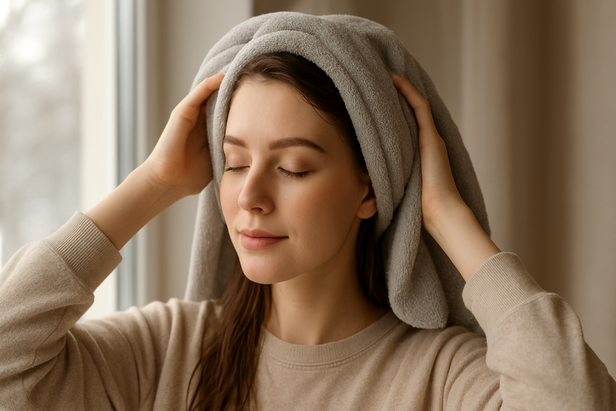 Drying hair with microfiber towel